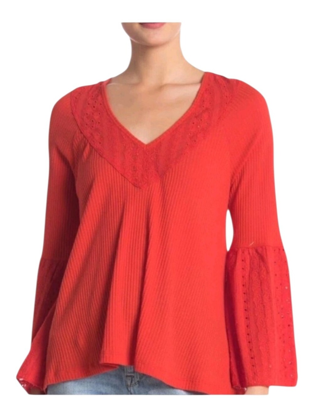 Free People Womens Red Bohemian Eyelet Flared Sleeve Parisian Nights Top Small